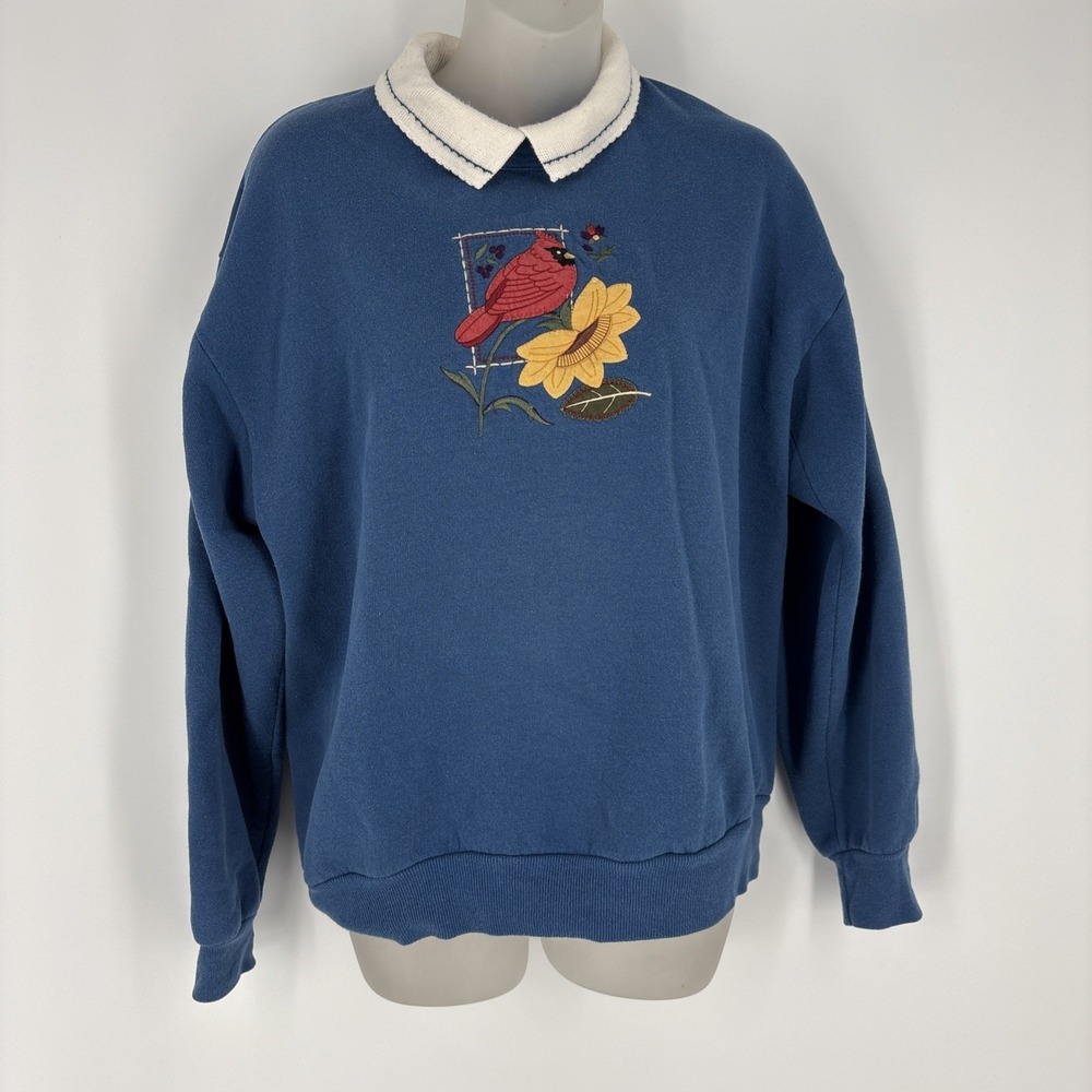 Top Stitch By Morning Sun Red Bird Sweatshirt Sz Medium Blue Grannycore